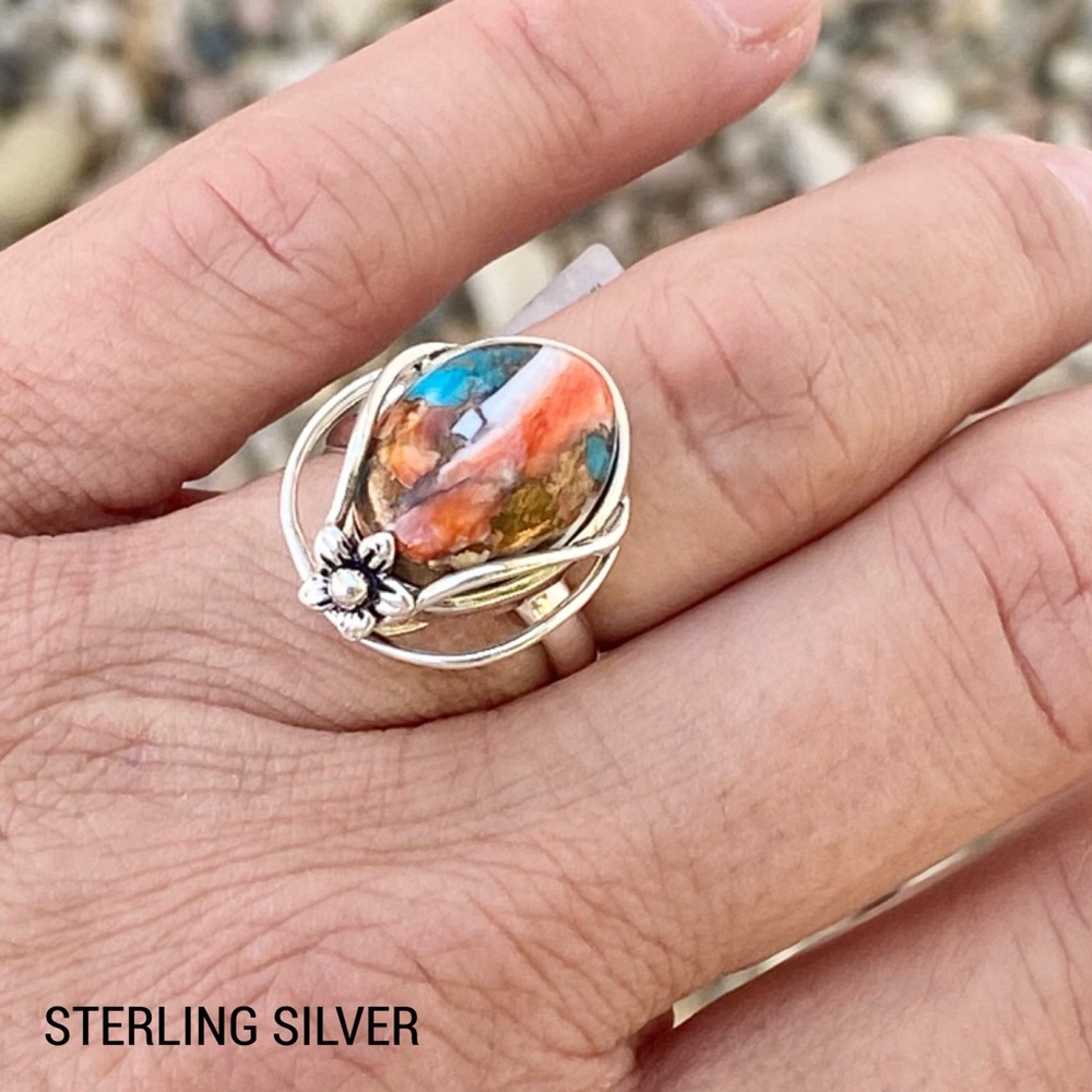 Spiny Oyster Turquoise Sterling Silver Ring Size 7 3/4 - Picture 12 of 12